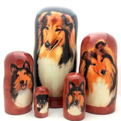 Collie Dog Nesting Dolls Russian Hand Carved Hand Painted 5 Piece Matryoshka Dog Set / 7" H