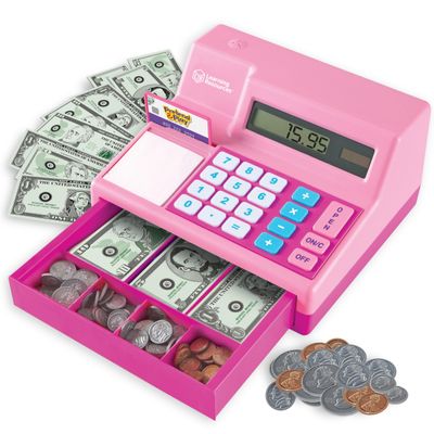 Learning Resources Pretend and Play Calculator Cash Register Pink - Money for Kids, Math Games, Playstore Grocery Store, Fine Motor Skills, Preschool Activities, Toddler Plastic Coins