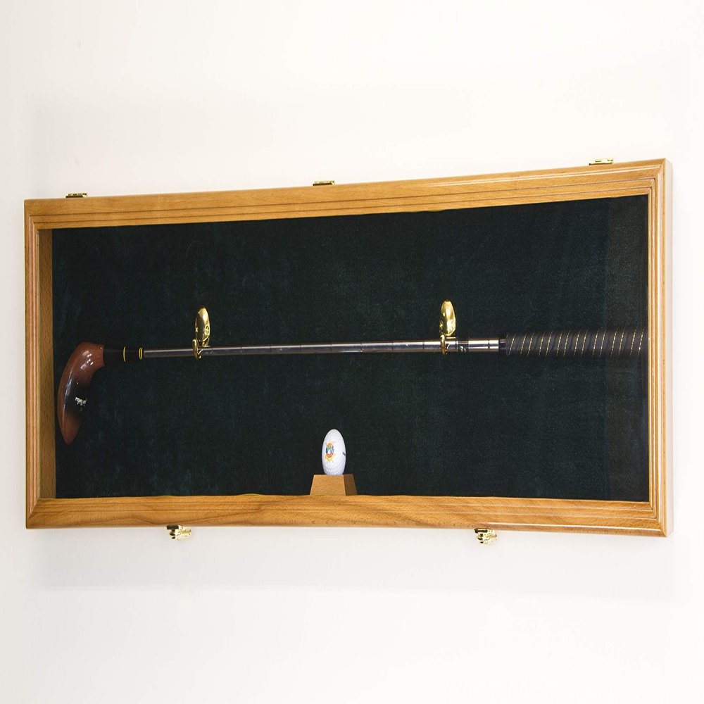 1 Golf Club Ball Putter Driver Iron Display Case Cabinet Rack w/98% UV (Oak Finish, Green Background)