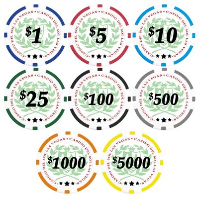 DA VINCI 50 Red Casino Del Sol 11.5 Gram Poker Chips with 5 Dollar Denomination