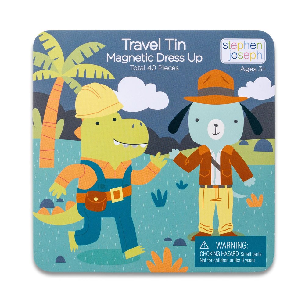 Stephen Joseph, Magnetic Dress Up Dolls 40 PC Play Set Screen-Free Pretend Play Magnetic Case, Ideal for Ages 3+ Travel Game for Kids, Magnetic On The Go Activity Set, Dino and Dog