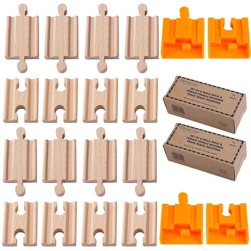 ORBRIUM Wooden Train Track Adapters 16 PCS Male Male and Female Female Track Connectors + 4 Thomas Track Converters Accessories Compatible with Thomas Brio Melissa and Doug Wooden Railway