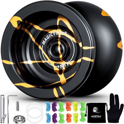 MAGICYOYO N11 Professional Unresponsive Yoyo N11 Dual Purpose Alloy Trick YoYo Ball (Black with Golden) with Bag, Glove, 12 Yoyo Strings and Responsive Bearing Kit