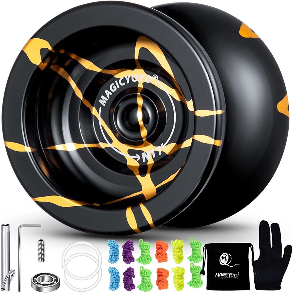 MAGICYOYO N11 Professional Unresponsive Yoyo N11 Dual Purpose Alloy Trick YoYo Ball (Black with Golden) with Bag, Glove, 12 Yoyo Strings and Responsive Bearing Kit