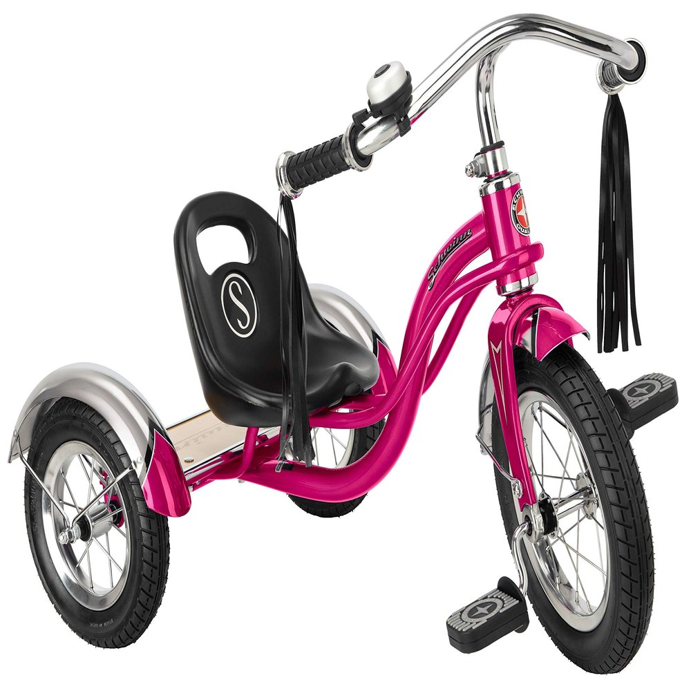 Schwinn Roadster Bike for Toddler, Kids Classic Tricycle, Low Positioned Steel Trike Frame w/ Bell & Handlebar Tassels, Rear Deck Made of Genuine Wood, Boys and Girls Ages 2-4 Year Old, Bright Pink