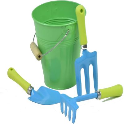 G & F Products JustForKids Garden Tool Set - Green Metal Pail with Real Mini Shovel, Rake & Cultivator, Wooden Handles, Perfect for Outdoor Play, Gardening Fun, and Educational Activities for Kids