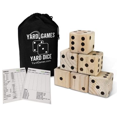 Giant 3.5" Wooden Yard Dice with Laminated Yardzee and Farkle Scoresheets and Durable Carrying Case