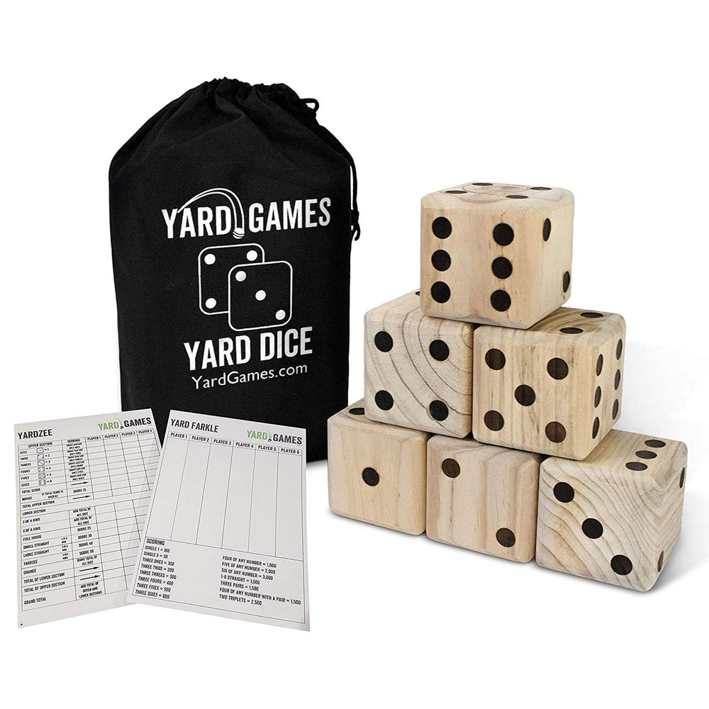 Giant 3.5" Wooden Yard Dice with Laminated Yardzee and Farkle Scoresheets and Durable Carrying Case