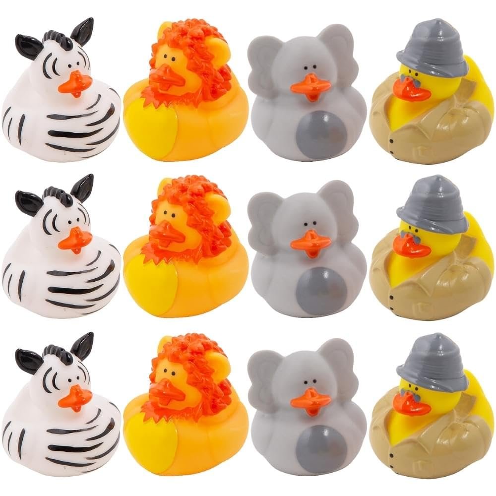 Fun Express Rubber Ducks, Assorted Styles, 12 Pieces, Birthdays, Grand Events, Party Favors, Table Decorations, Treasure Chest Supplies (Safari) - VBS Vacation Bible School Supplies/Decor