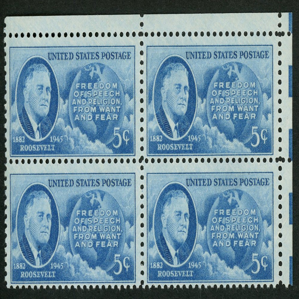 1945 5c US Postage Stamps Scott 933 President Roosevelt FDR 4 Freedoms Block 4
