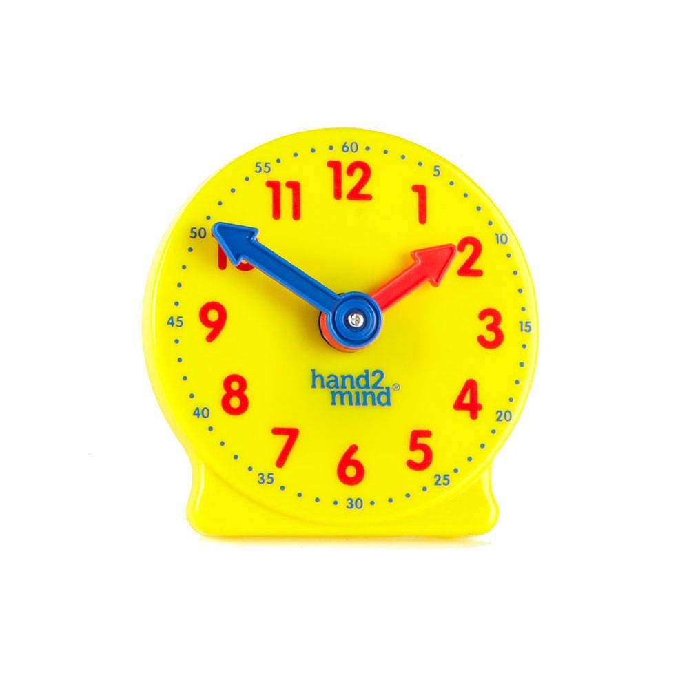 Hand2mind Mini Geared Clock for Teaching and Learning to Tell Time - Analog Learning Clock for Kids and Classrooms (Set of 12), Yellow