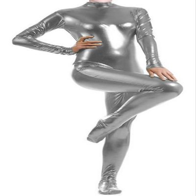 VSVO Shiny Metallic Unitard Catsuit Dancewear (X-Large, Grey)