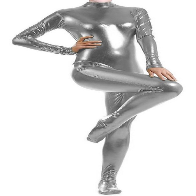 VSVO Shiny Metallic Unitard Catsuit Dancewear (X-Large, Grey)