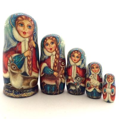 Unique Russian Nesting Dolls Hand Carved Hand Painted 5 Piece Set 7.25" Tall Girl with a Deer
