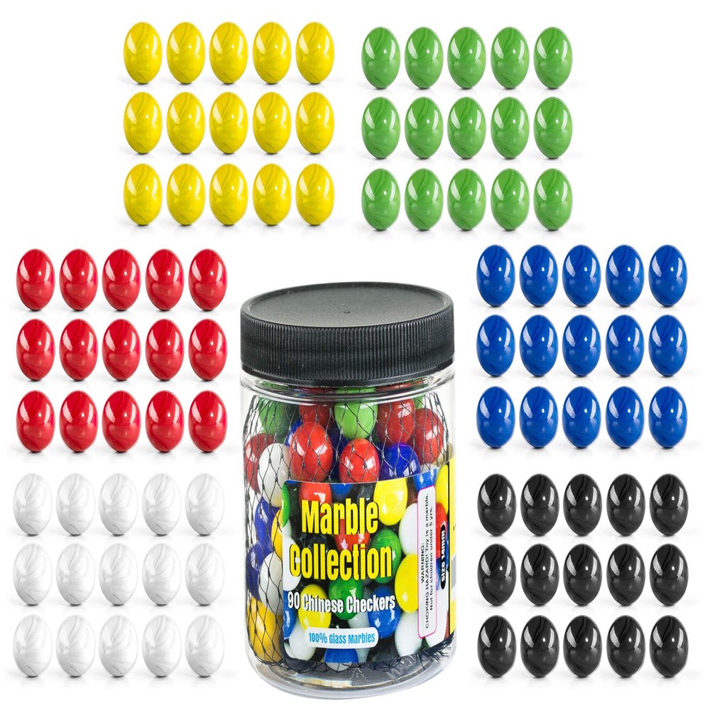 My Toy House Chinese Checkers Glass Marbles. Set of 90, 15 of Each Color. Size 9/16 (14mm), with Practical Container
