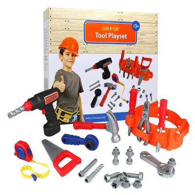 Click n' Play 23 piece Kids Pretend Play Real Working Toy Tool Set Includes Powered Drill, Hammer, Saw, Tape Measure, Tool Belt and other Construction Accessories
