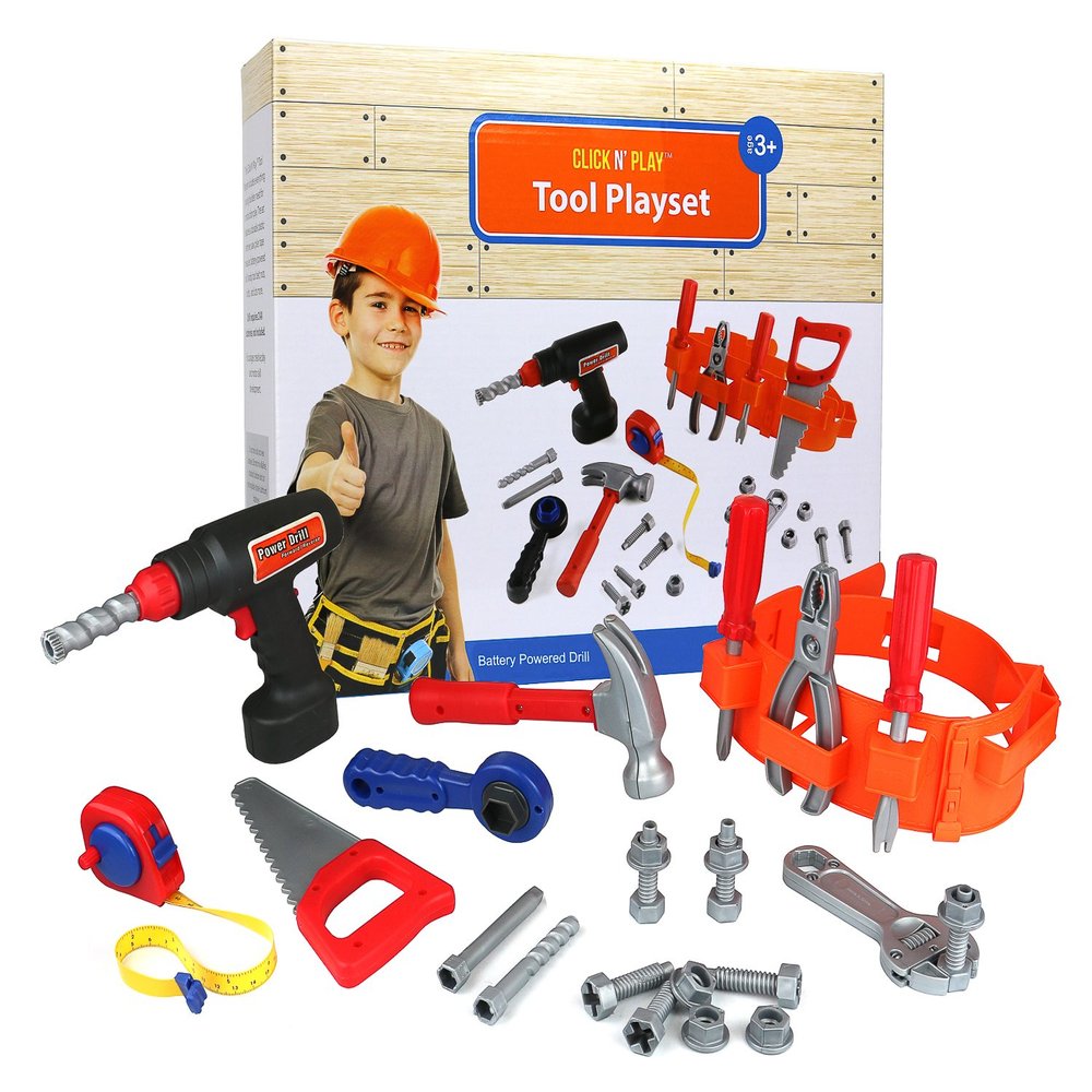 Click n' Play 23 piece Kids Pretend Play Real Working Toy Tool Set Includes Powered Drill, Hammer, Saw, Tape Measure, Tool Belt and other Construction Accessories