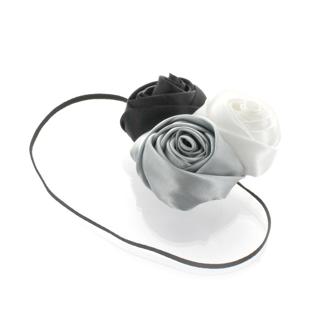 My Lello Satin Fabric Rose Flower Trio on Skinny Headband Infant-Toddler-Girls-Women - black/gray/white