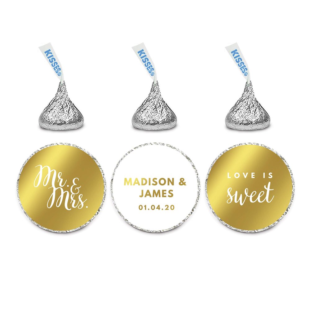 Andaz Press Personalized Chocolate Drop Labels Trio, Metallic Gold Ink, Wedding, 216-Pack, Fits Kisses, Custom Made Any Name, Not Gold Foil, Gold Stationery, Invitations, Decorations