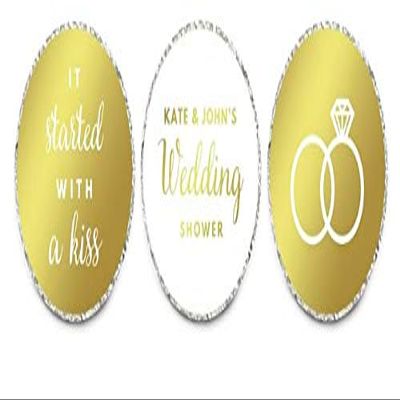 Andaz Press Personalized Chocolate Drop Labels Trio, Metallic Gold Ink, Wedding Couples Shower, 216-Pack, Fits Kisses, Custom Made Any Name