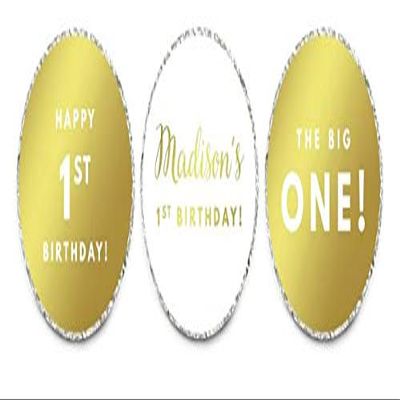 Andaz Press Personalized Chocolate Drop Labels Trio, Metallic Gold Ink, Happy 1st Birthday, 216-Pack, Fits Kisses, Custom Made Any Name