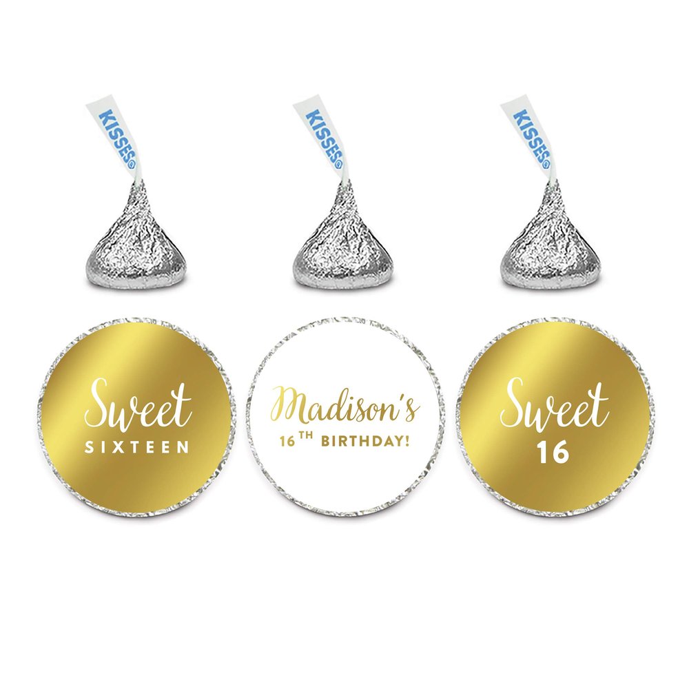 Andaz Press Personalized Chocolate Drop Labels Trio, Metallic Gold Ink, Sweet 16 Birthday, 216-Pack, Fits Kisses, Custom Made Any Name
