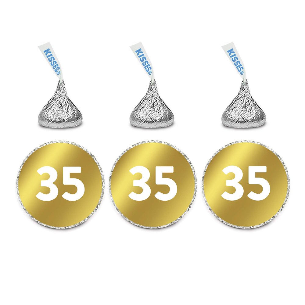 Andaz Press Personalized Chocolate Drop Labels Trio, Metallic Gold Ink, Milestone Birthday or Anniversary, 216-Pack, Fits Kisses, 60th 65th 70th Custom Made Any Number, Not Gold Foil