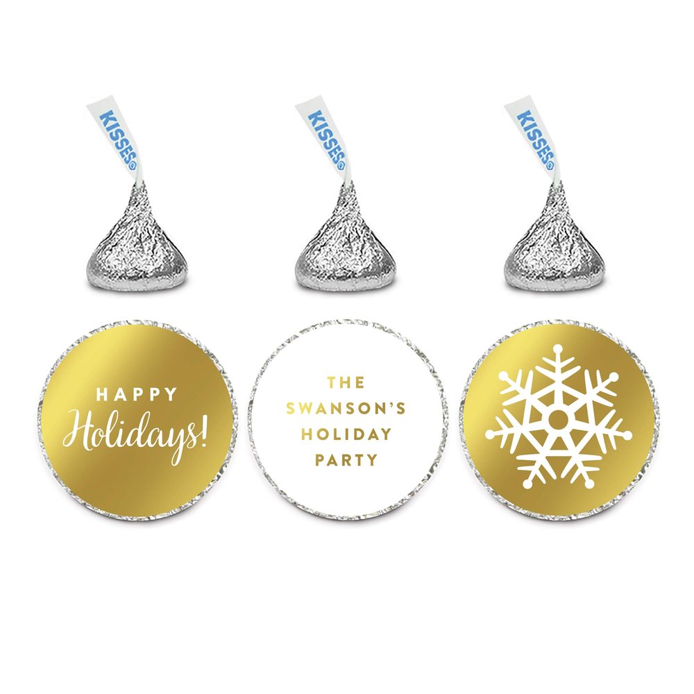 Andaz Press Personalized Chocolate Drop Labels Trio, Metallic Gold Ink, Happy Holidays, 216-Pack, Fits Kisses, Custom Made Any Name, Envelope Seals, Stationery