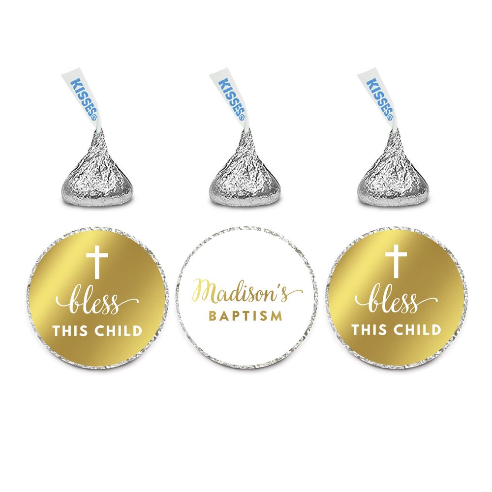 Andaz Press Personalized Chocolate Drop Labels Trio, Metallic Gold Ink, Baptism, 216-Pack, Fits Kisses, Custom Made Any Name, Not Gold Foil, Decor Decorations Stationery