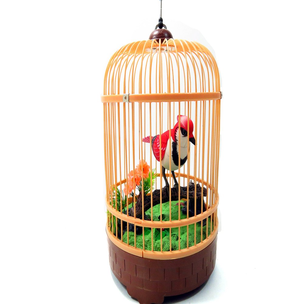 Az Import & Trading BC507E Singing & Chirping Bird in Cage - Realistic Sounds & Movements Red - 10.5 x 7 in.