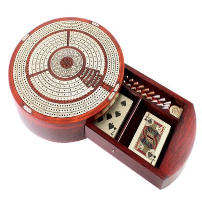 10" Round Shape 3 Tracks Continuous Cribbage Board and Box in Bloodwood/Maple with Score Marking Fields for Skunks, Corners, Won Games, High Hand and Points - House of Cribbage