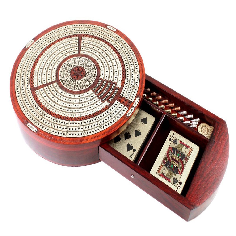 10" Round Shape 3 Tracks Continuous Cribbage Board and Box in Bloodwood/Maple with Score Marking Fields for Skunks, Corners, Won Games, High Hand and Points - House of Cribbage