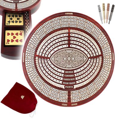 11.6" Oval Shape 4 Tracks Continuous Cribbage Board/Box Bloodwood/Maple + Score Marking Fields for Skunks, Corners, Won Games, High Hand & Points