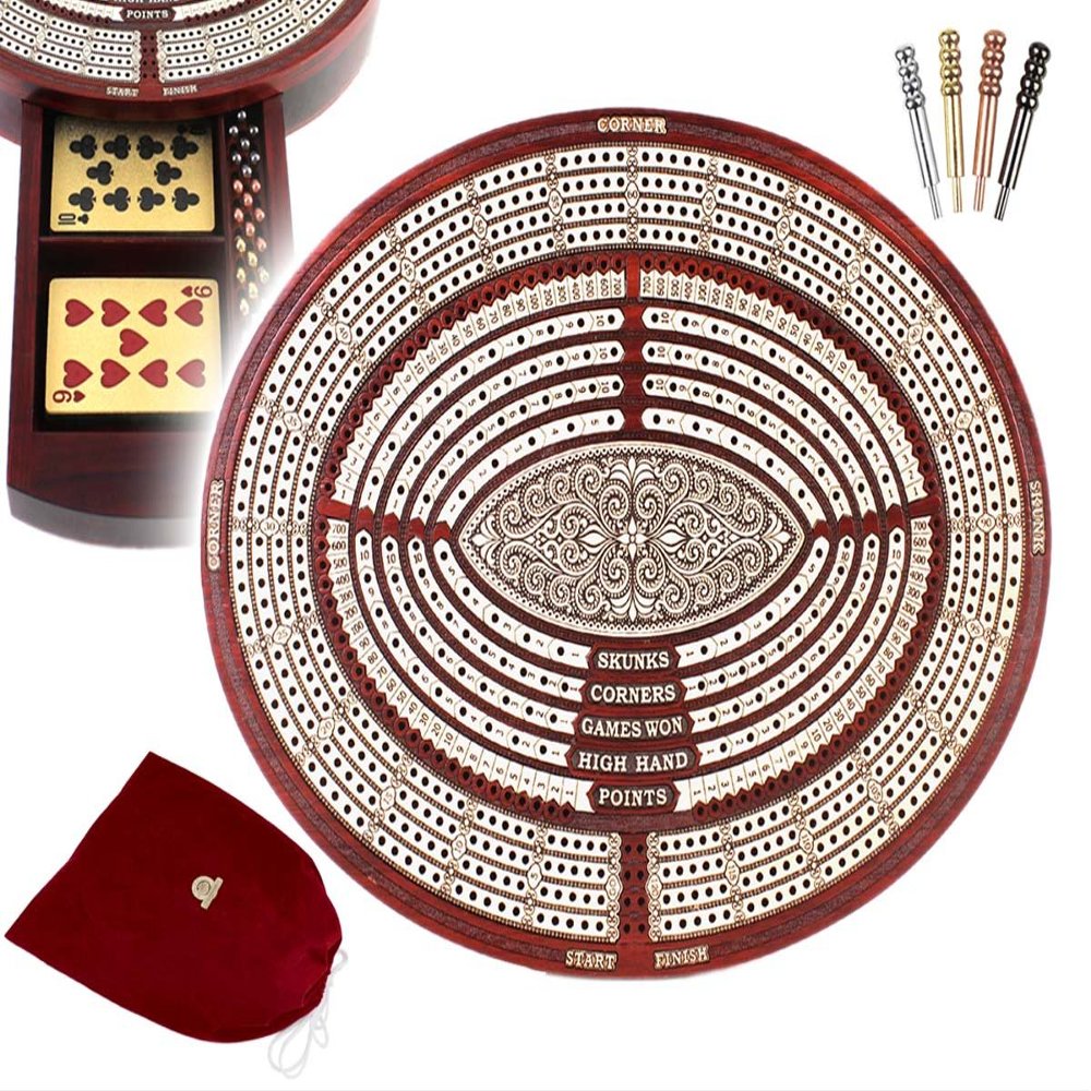 11.6" Oval Shape 4 Tracks Continuous Cribbage Board/Box Bloodwood/Maple + Score Marking Fields for Skunks, Corners, Won Games, High Hand & Points