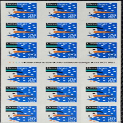 1993 Snowman Full Pane of 18 x 29 Cent Stamps Scott 2803a