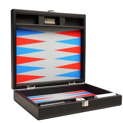 13-inch Premium Backgammon Set - Travel Size - Black Board, Scarlet Red and Patriot Blue Points