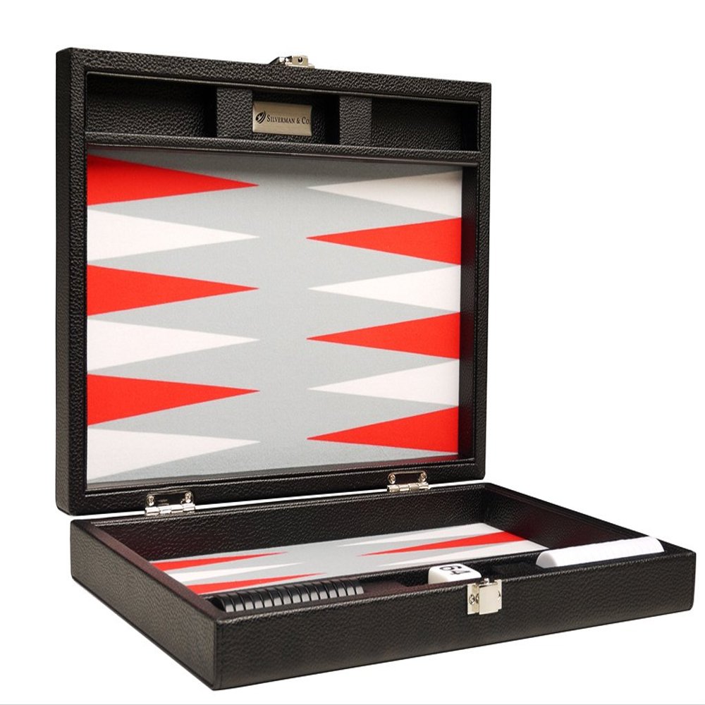 13-inch Premium Backgammon Set - Travel Size - Black Board, White and Scarlet Red Points