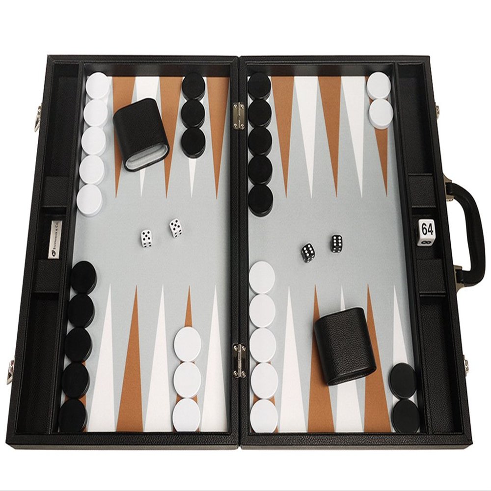 19-inch Premium Backgammon Set - Large Size - Black Board, White and Rum Points