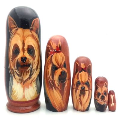 Dog Yorkshire Terrier Puppy Nesting Dolls Russian Hand Made 5 Piece Matryoshka Set Yorkie 7 inch Tall