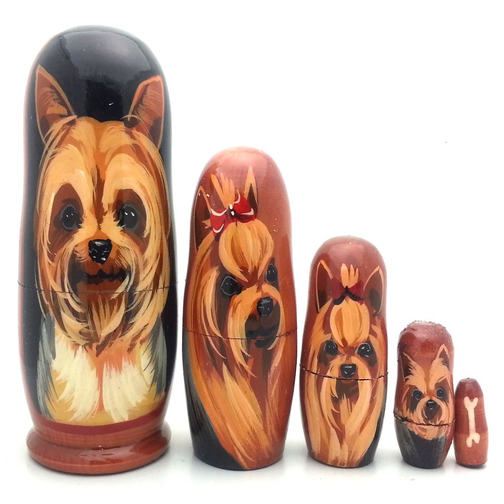 Dog Yorkshire Terrier Puppy Nesting Dolls Russian Hand Made 5 Piece Matryoshka Set Yorkie 7 inch Tall