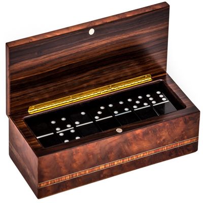 Bello Collezioni - Via Prato Luxury Double Six Black Professional Jumbo Size Tournament Dominoes Set from Italy in a Briarwood Case