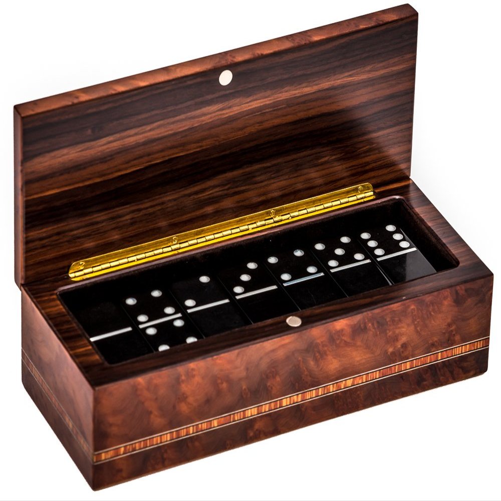 Bello Collezioni - Via Prato Luxury Double Six Black Professional Jumbo Size Tournament Dominoes Set from Italy in a Briarwood Case