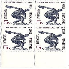 1965 US Postage Stamp,Scott#1262, 5 cent Centennial of the Sokols,Block of 4