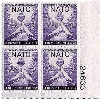 1951 Plate Block Of 4 NATO 3 Cent Postage Stamps MNH Scott #1008