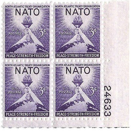 1951 Plate Block Of 4 NATO 3 Cent Postage Stamps MNH Scott #1008
