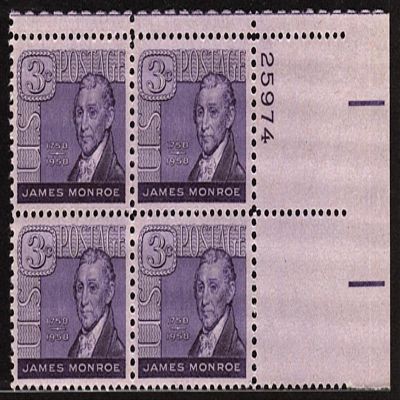 1958 James Monroe 3 Cent Postage Stamp Plate Block MNH Scott#1105
