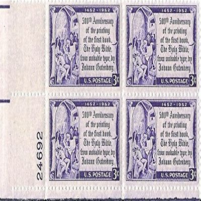 1952 Gutenberg Bible 3 Cent US Postage Stamp Plate Block MNH Scott #1014