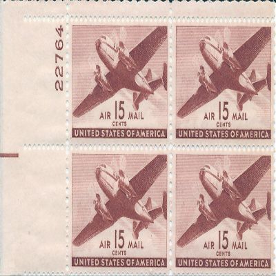 1941 US Air Mail Postage Stamp 15 Cent Plate Block MNH Scott #C28