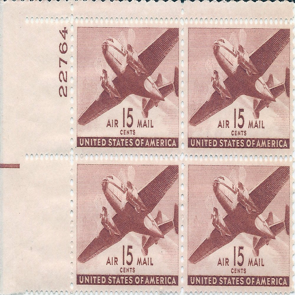 1941 US Air Mail Postage Stamp 15 Cent Plate Block MNH Scott #C28