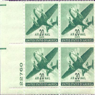 1941 US Air Mail Postage Stamp 20 Cent Plate Block MNH Scott #C29